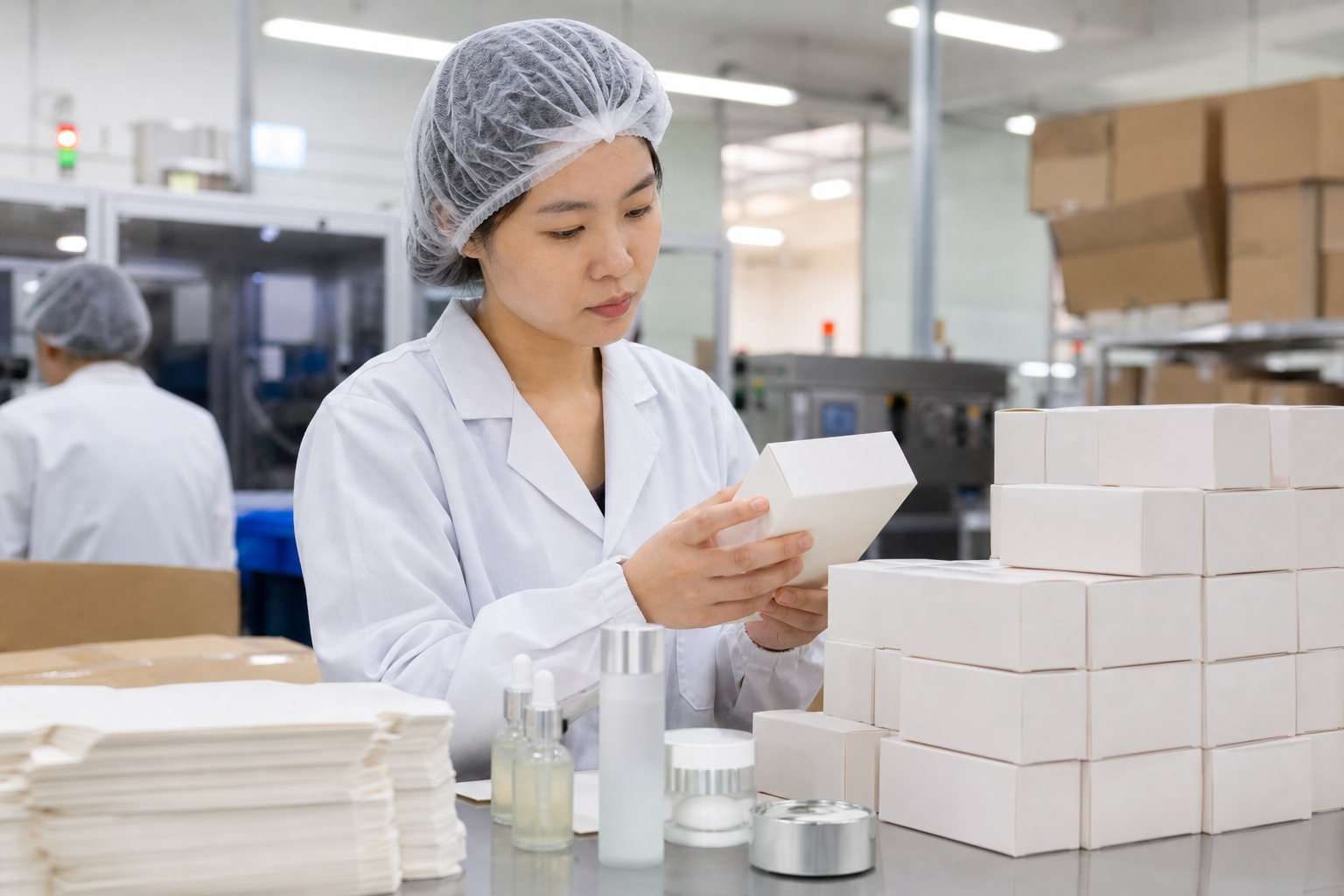 Asian staff member checking unbranded cosmetics and shipment cartons