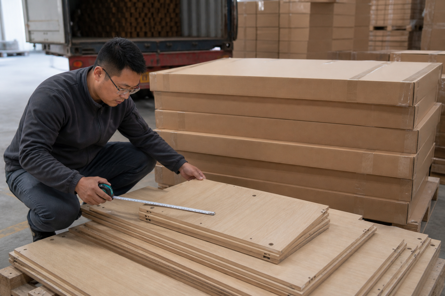 Asian inspector measuring composite wood components beside export cartons