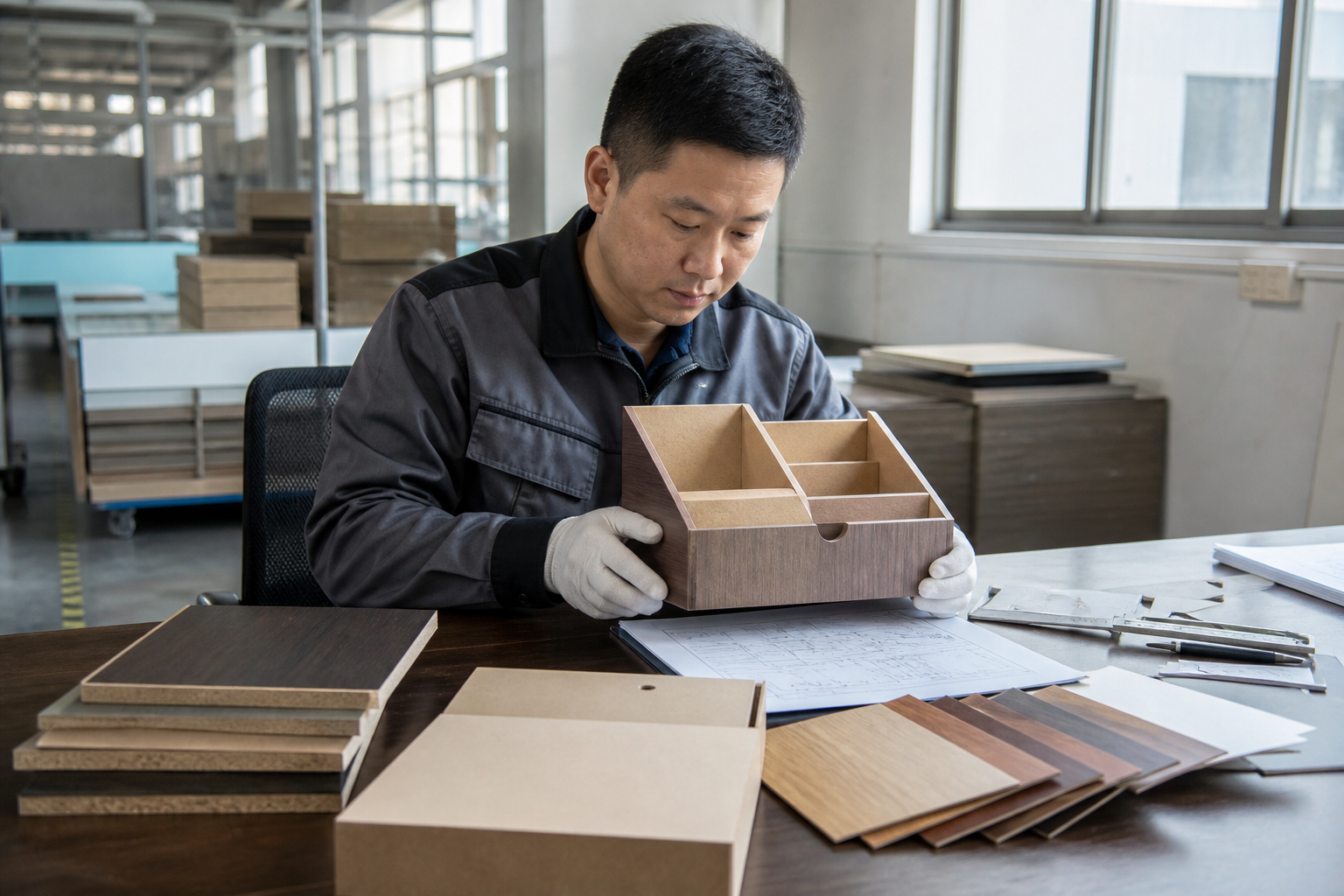 Asian quality manager inspecting an unbranded composite wood organizer