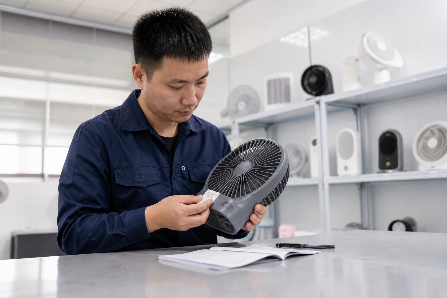 Asian technician inspecting an unbranded portable electric fan