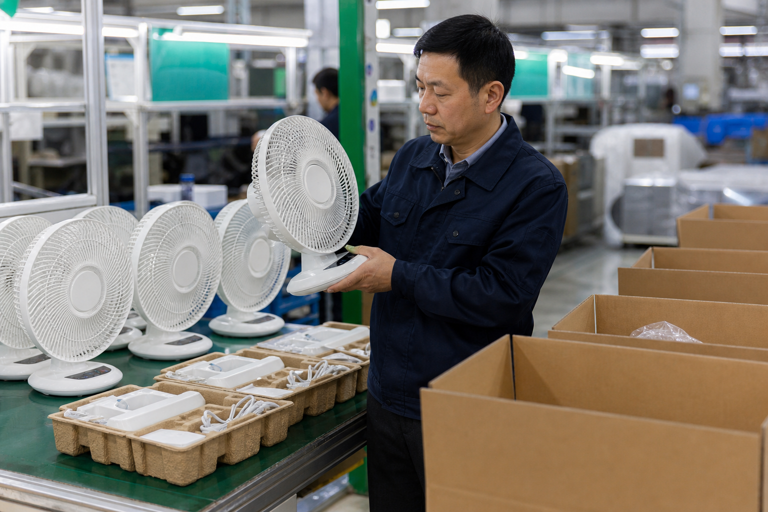 Asian inspector checking unbranded small appliances at a packing line