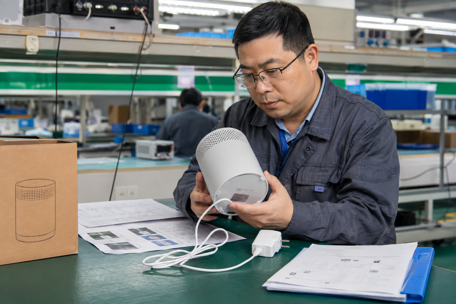 Asian electronics engineer reviewing an appliance, adapter and technical file