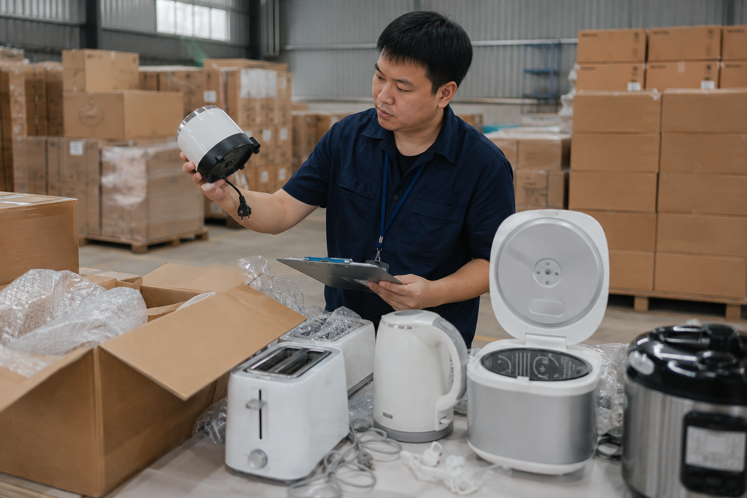 Asian shipment inspector checking small electrical appliances and Australian plug configuration