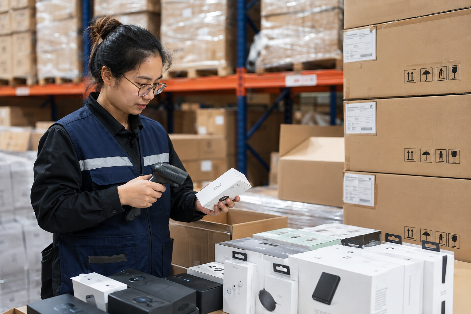 Asian shipment inspector checking wireless accessory model labels and retail cartons