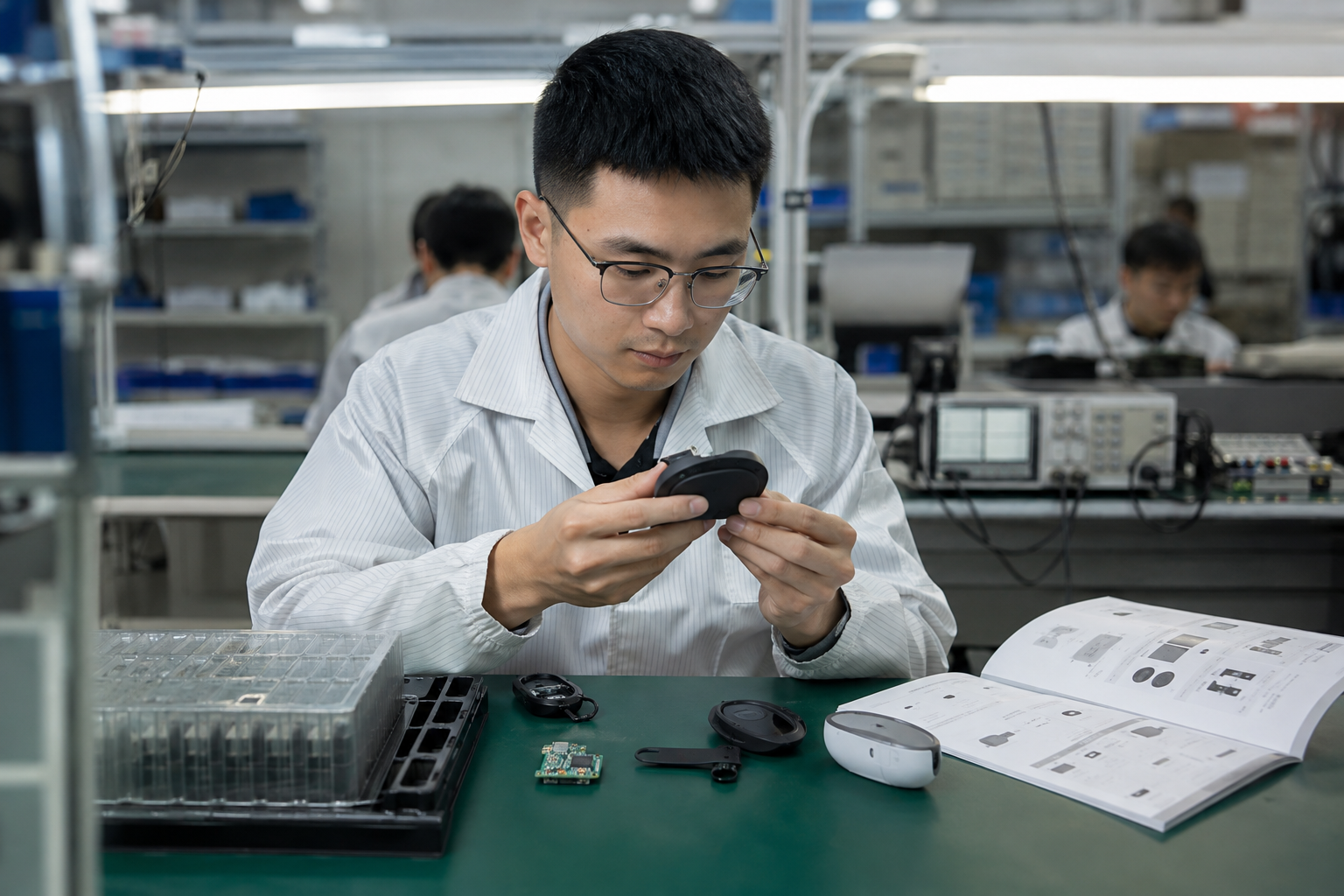 Asian radio product engineer reviewing a Bluetooth device and internal wireless module