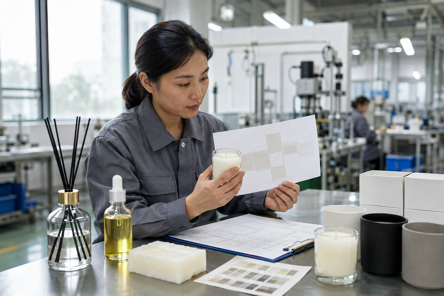 Asian quality engineer reviewing scented candle and reed diffuser label specifications