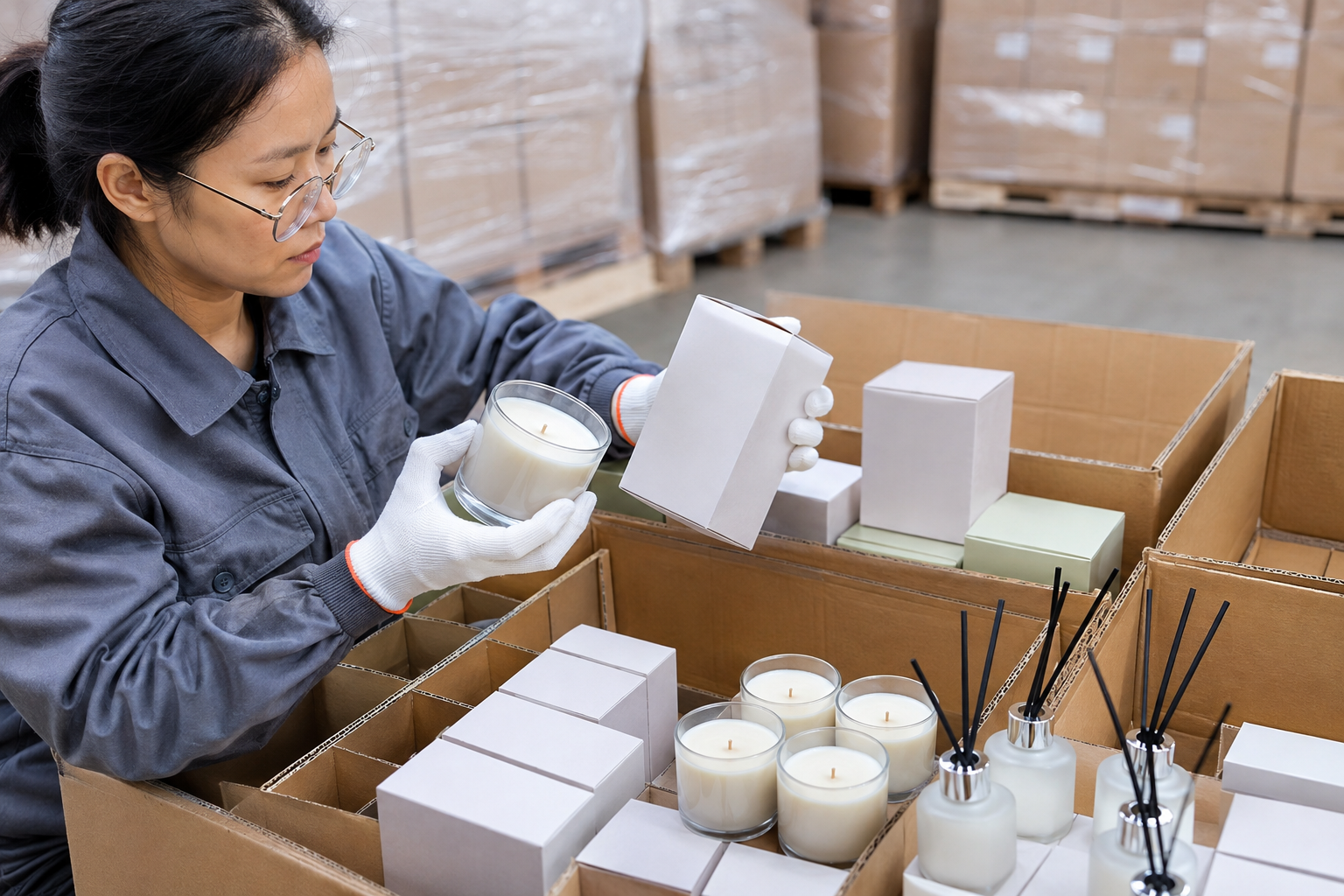 Asian shipment inspector comparing candle and diffuser packaging with approved samples