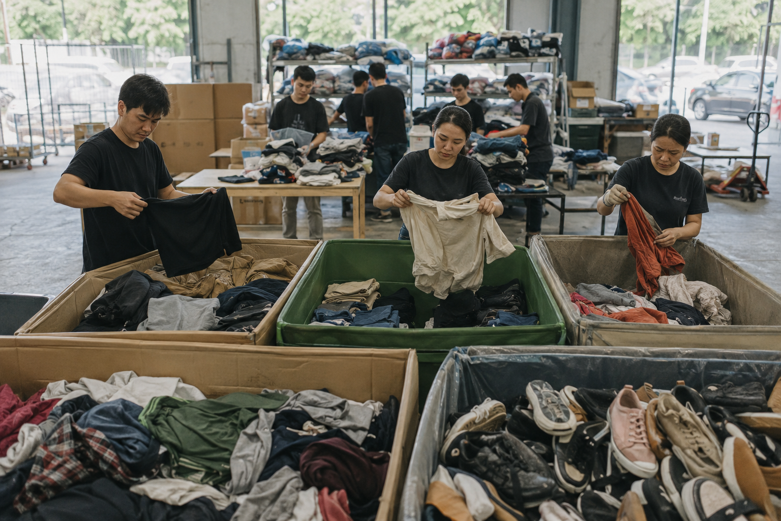 Asian apparel operations team sorting returned and unsold clothing and footwear