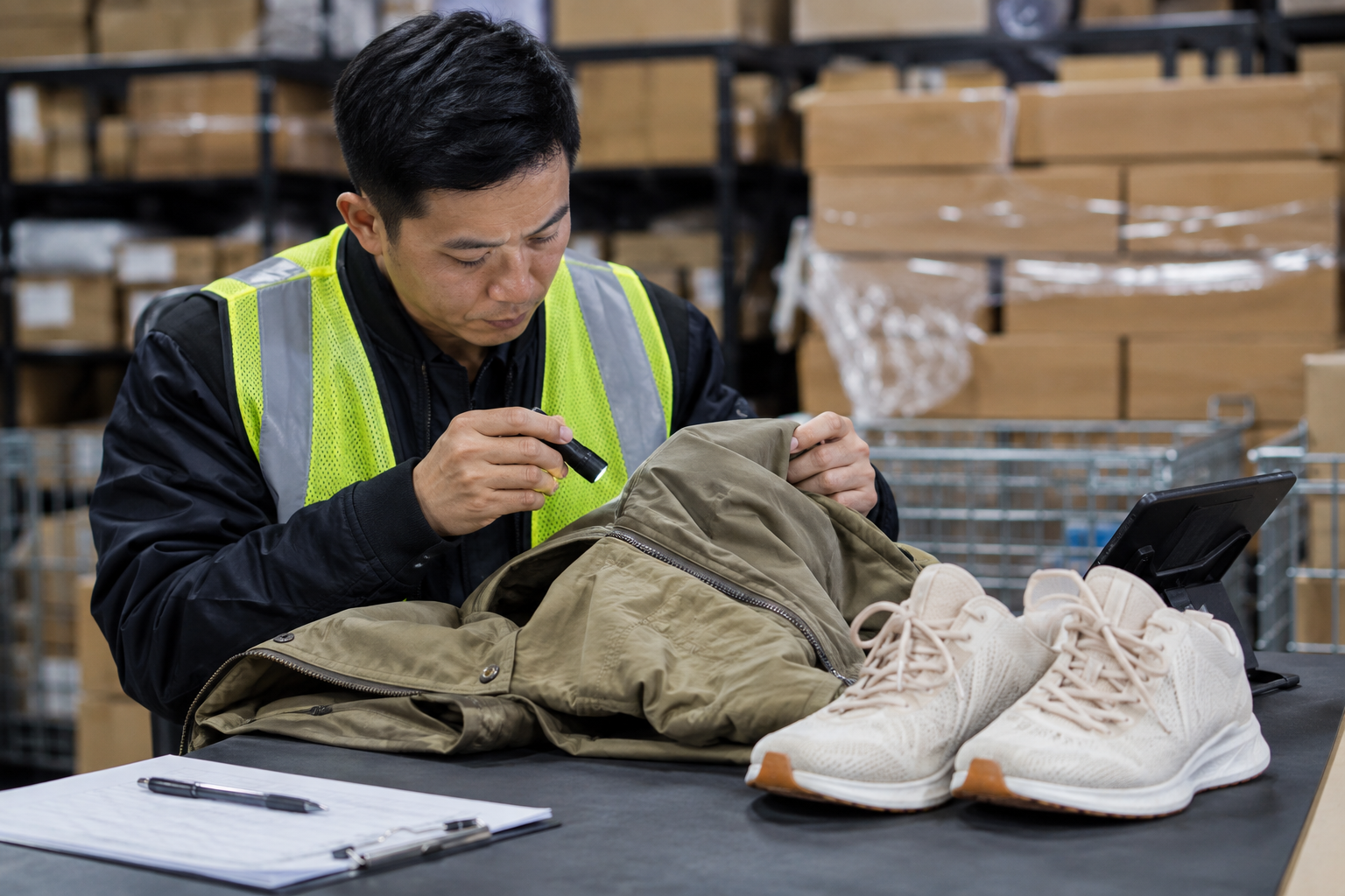 Asian quality inspector assessing returned apparel and footwear for disposition