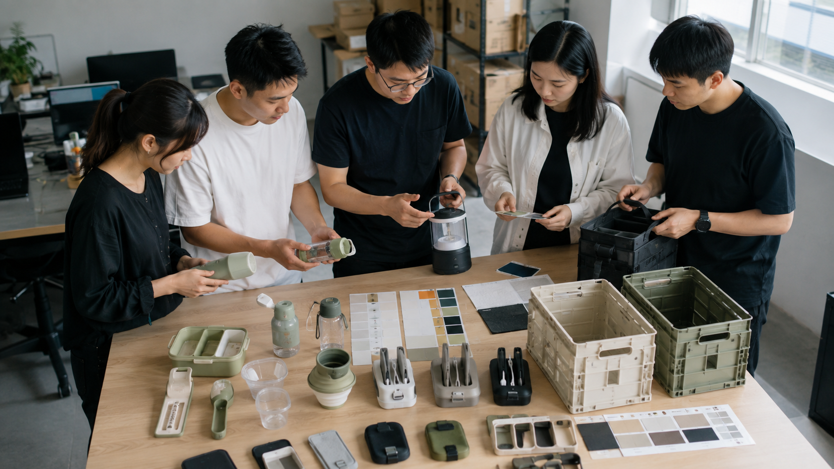 Asian sourcing team reviewing an organized selection of unbranded home, kitchen, outdoor and desk products