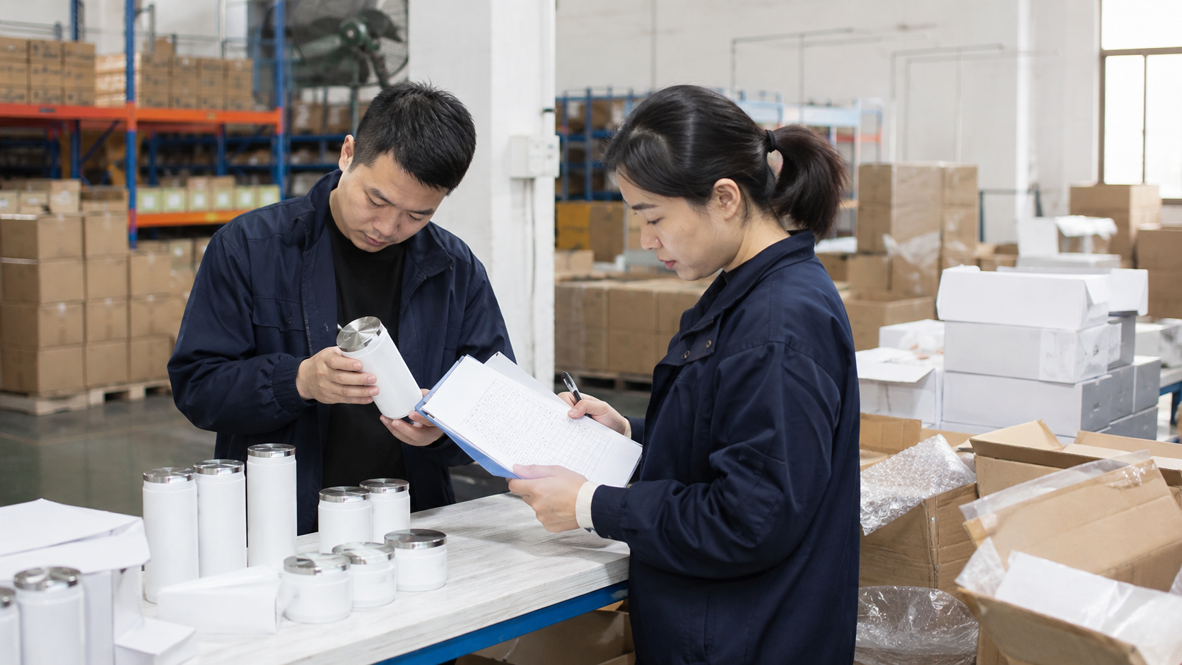 Asian quality inspectors comparing unbranded consumer-product samples and cartons during a factory inspection