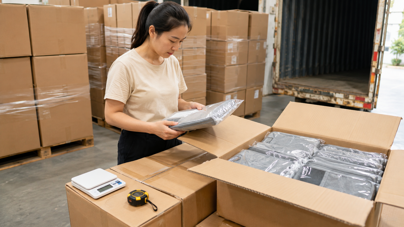 Asian warehouse inspector checking packed travel organizers and cartons before export loading
