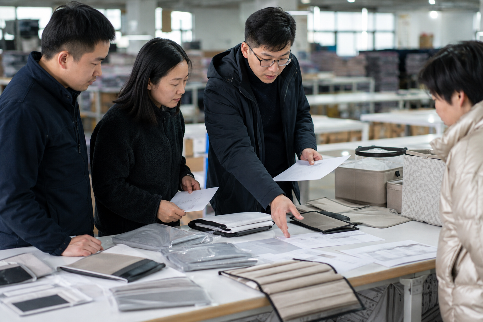 Asian product manager reviewing treated household accessories and packaging claims