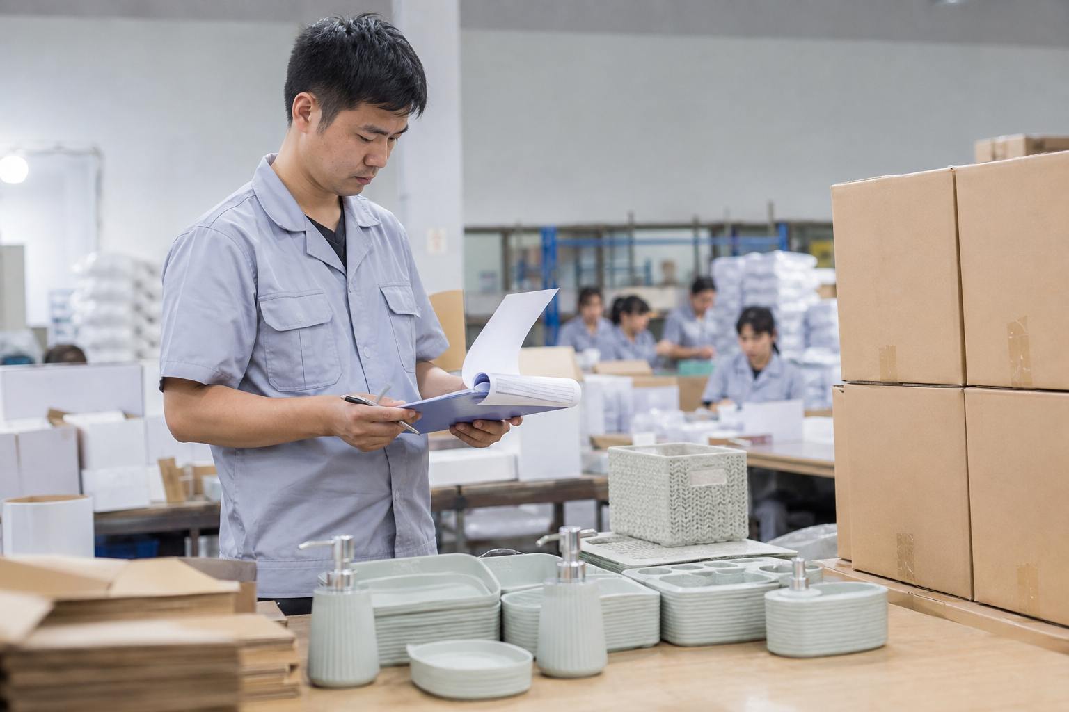 Asian factory inspector reviewing material batches for treated consumer accessories