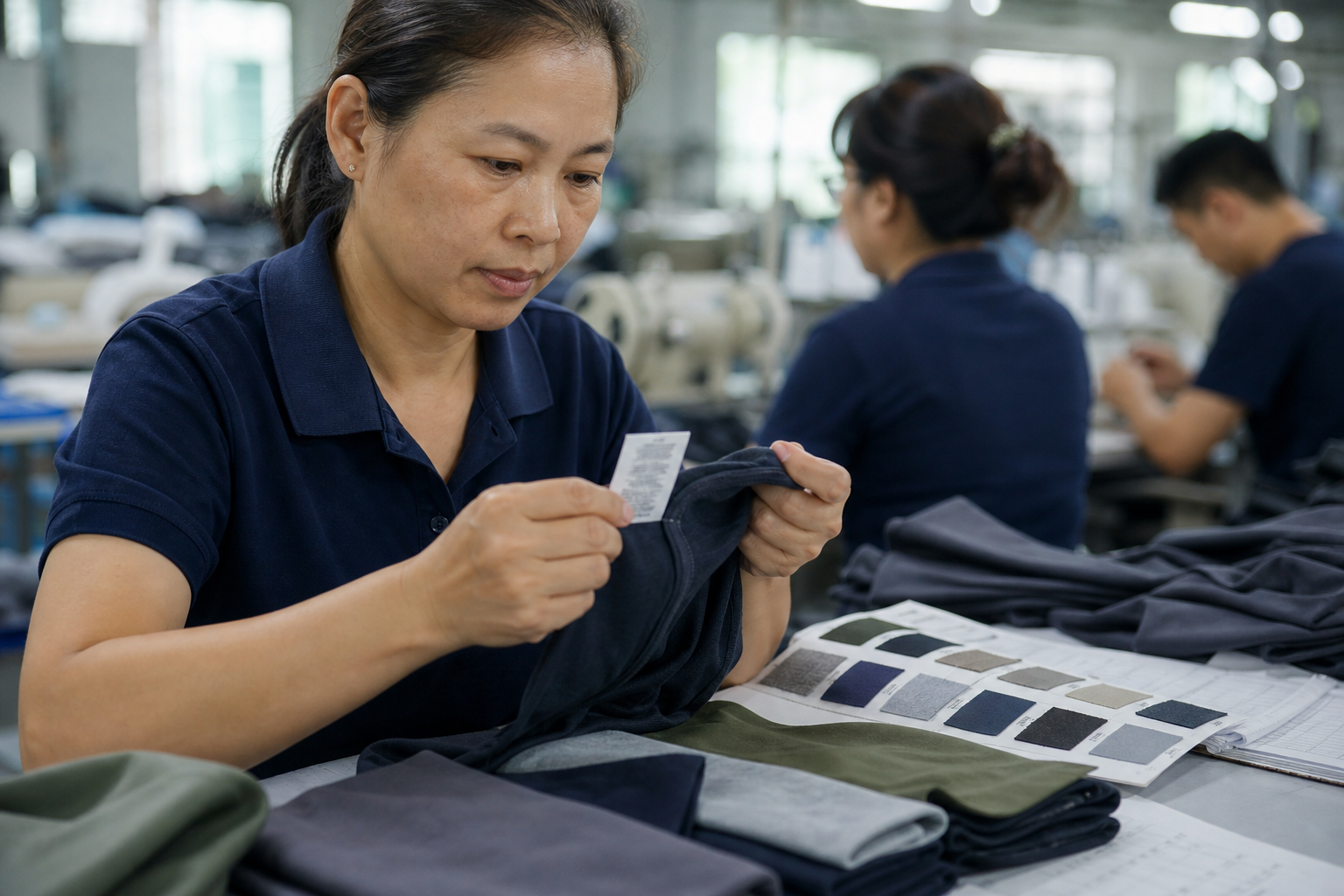 Asian textile specialist examining a sewn care label and private-label fabric samples