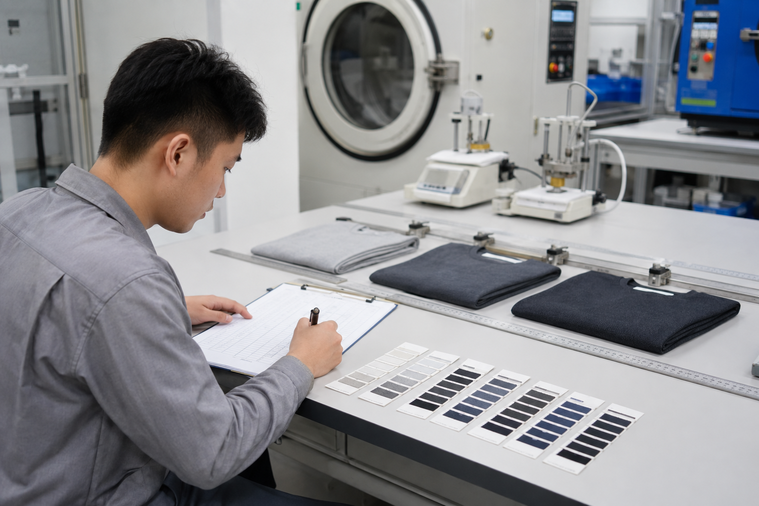 Asian factory technician comparing garment samples after a controlled wash review