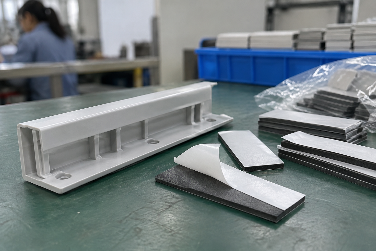 Cable raceway base beside die-cut foam adhesive pads