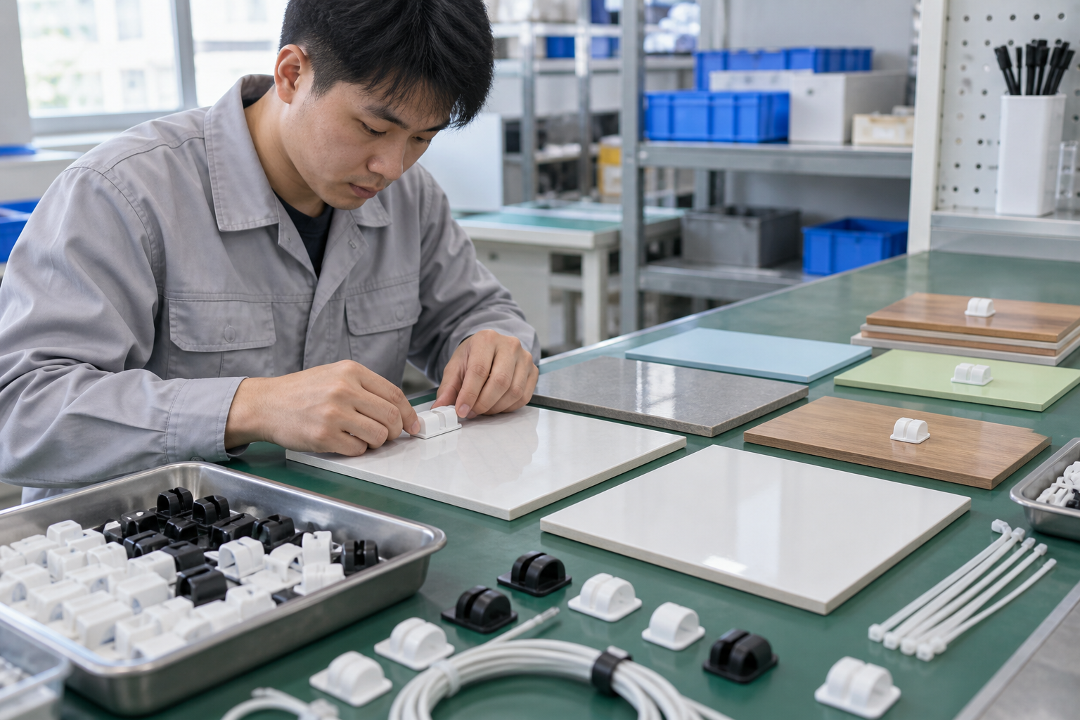 Asian technician applying organizer samples to different surface panels