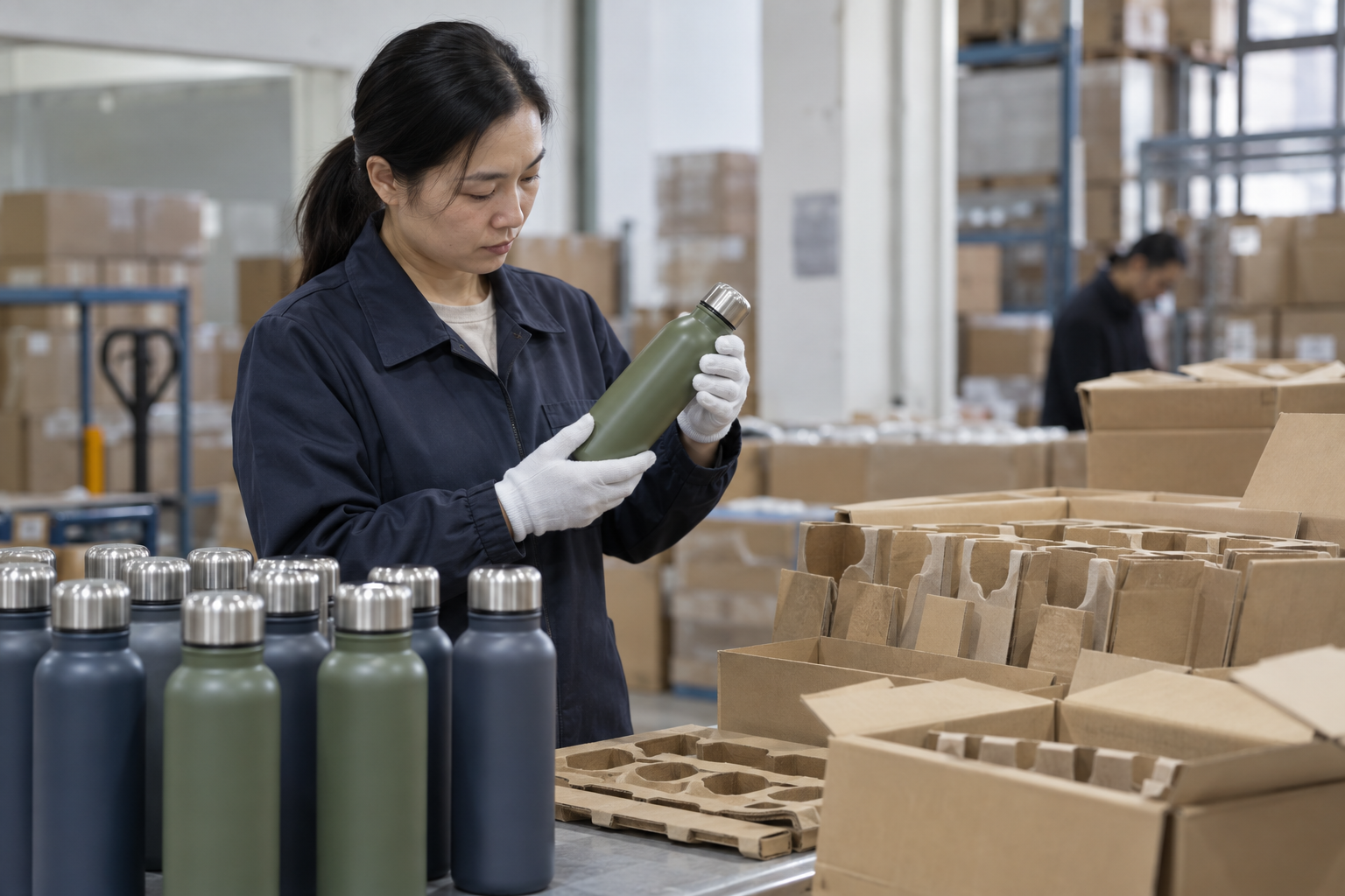 Asian inspector checking bottle finish beside protective carton inserts