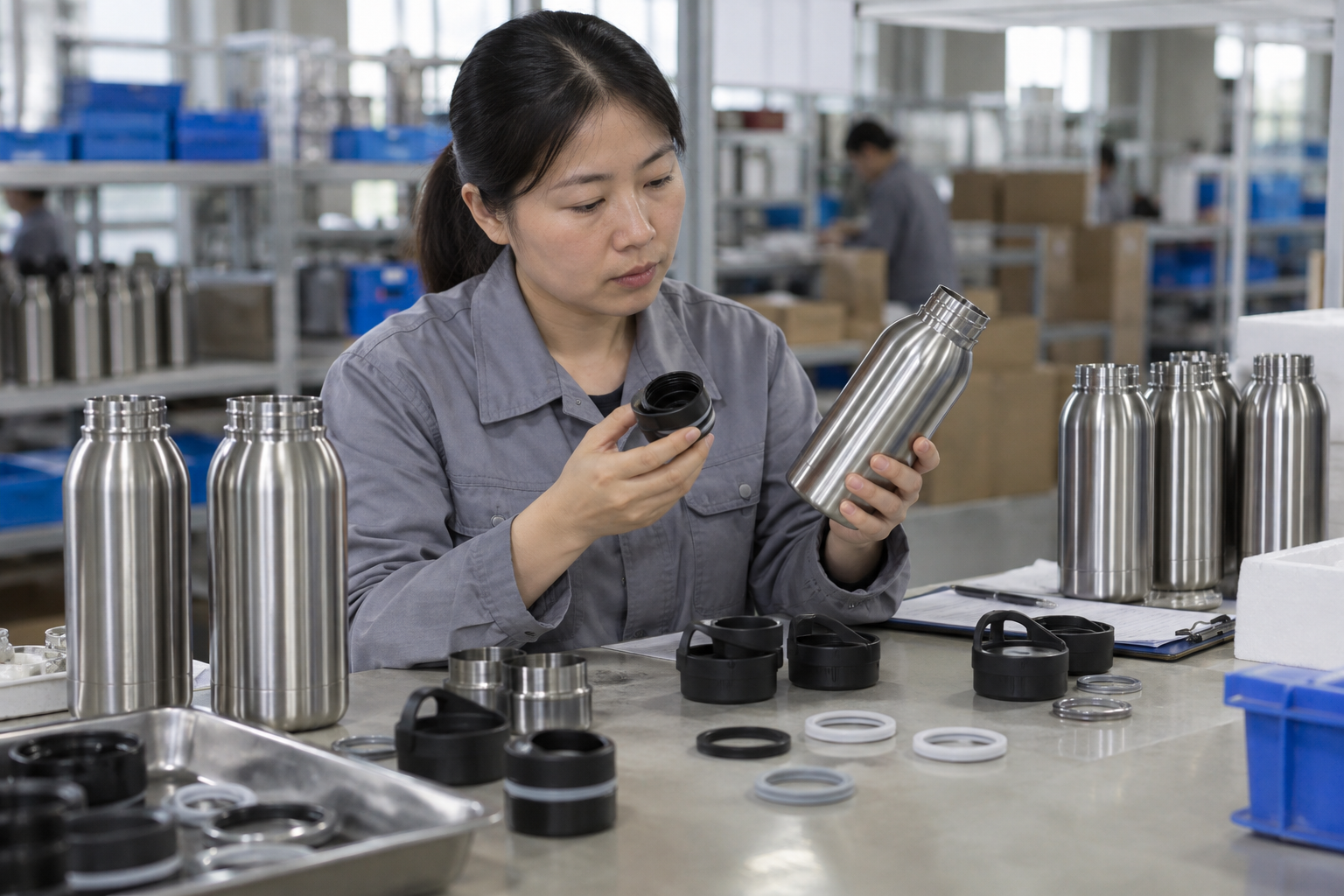 Asian quality engineer reviewing steel bottle lids and gaskets