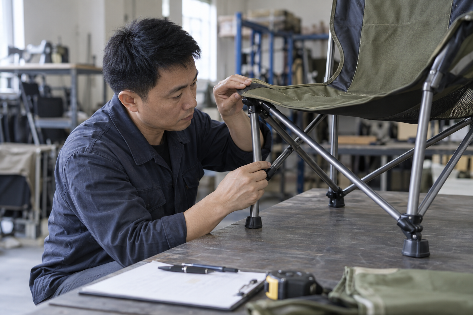 Asian technician inspecting a folding chair frame and seat seam