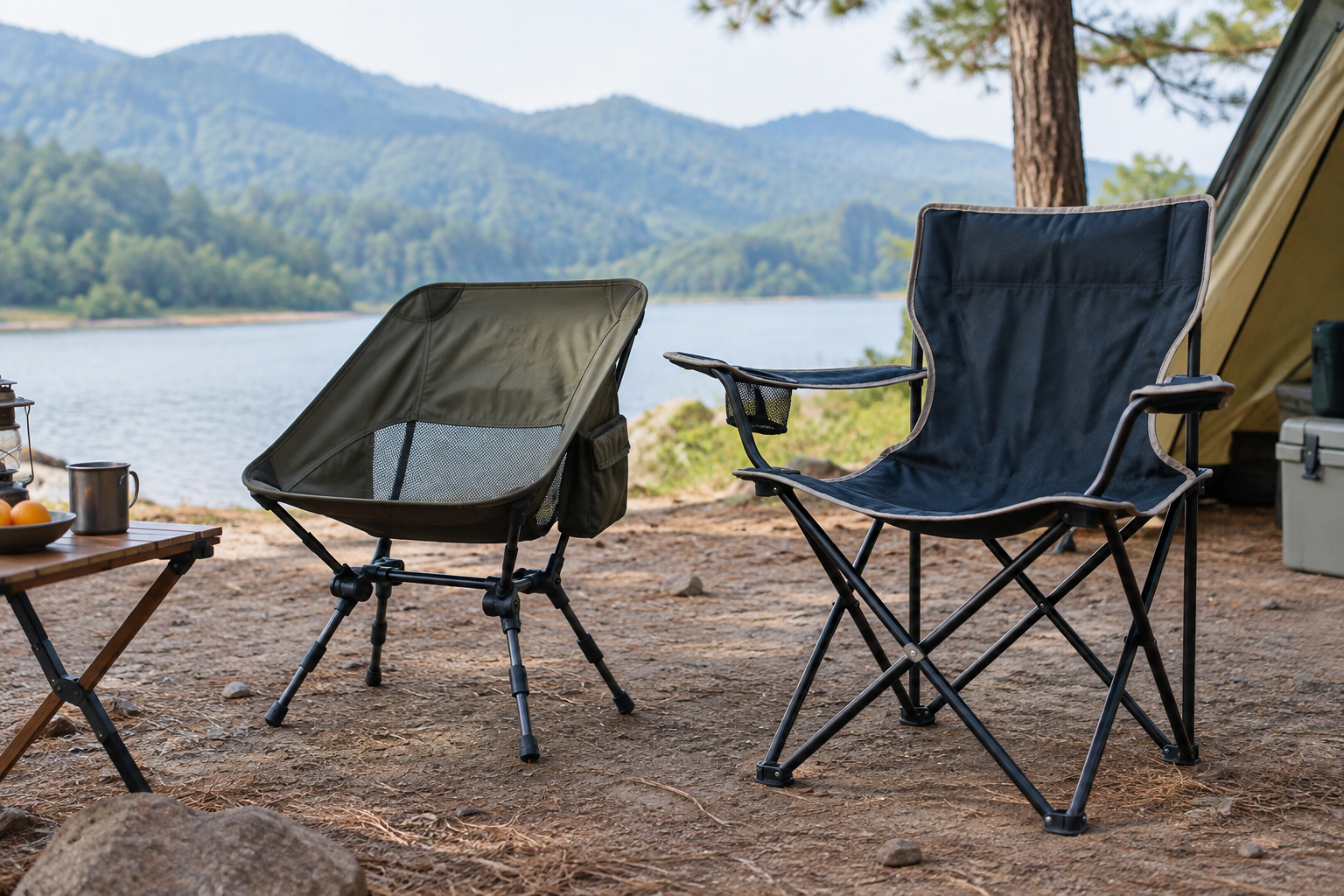 Compact and conventional folding camping chairs on level campsite ground