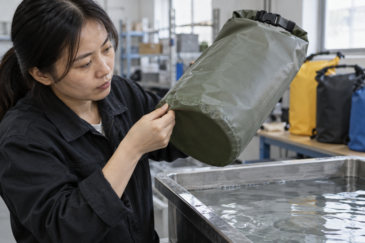 Asian technician inspecting a dry bag base seam beside a water tray
