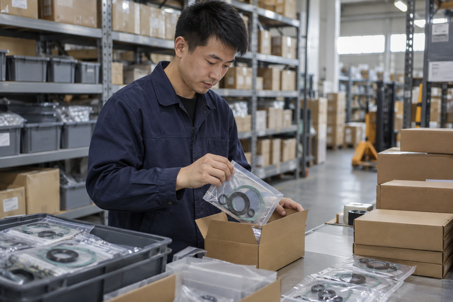 Asian warehouse worker packing sealed replacement gasket kits