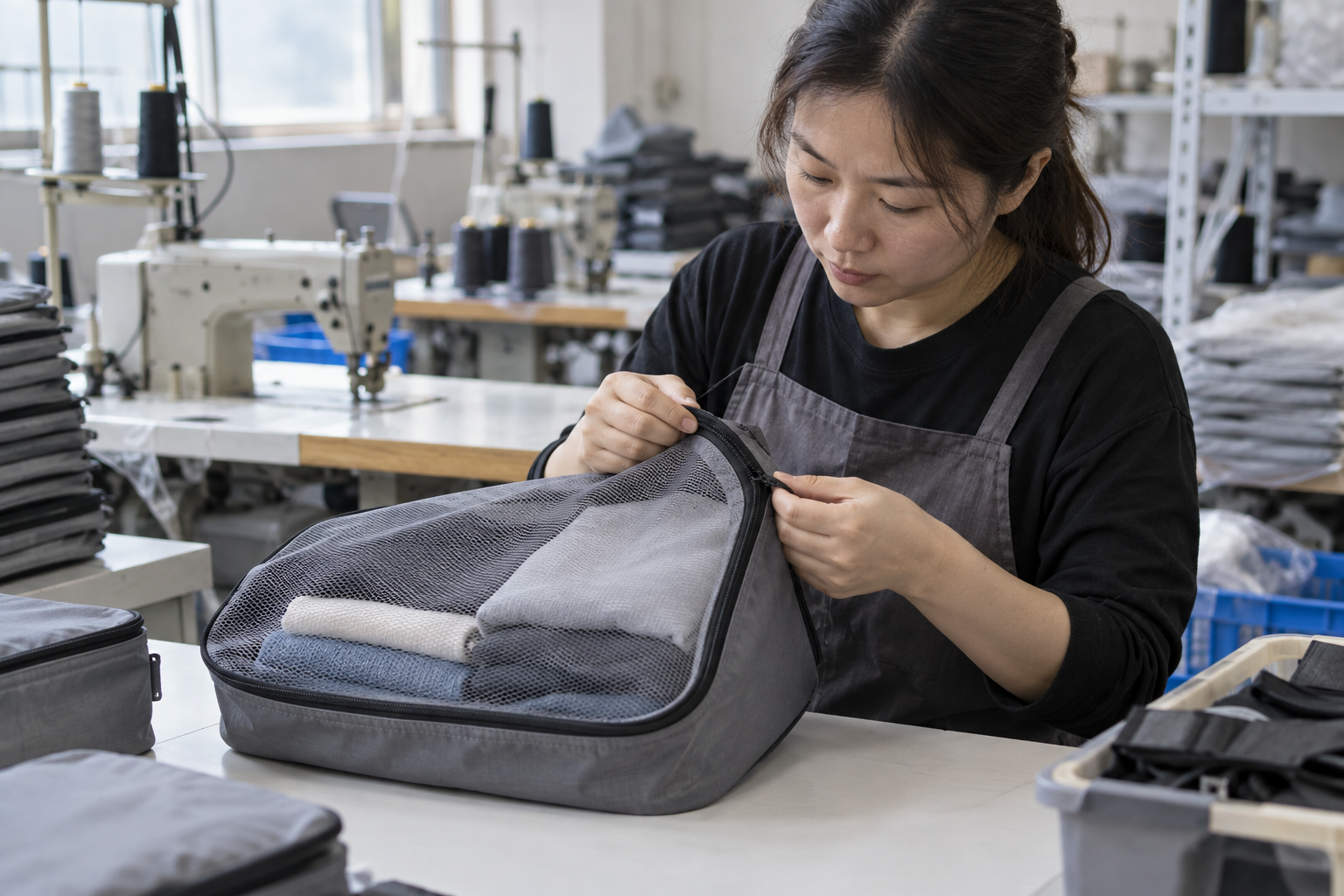 Asian sewing technician reviewing a packing cube zipper