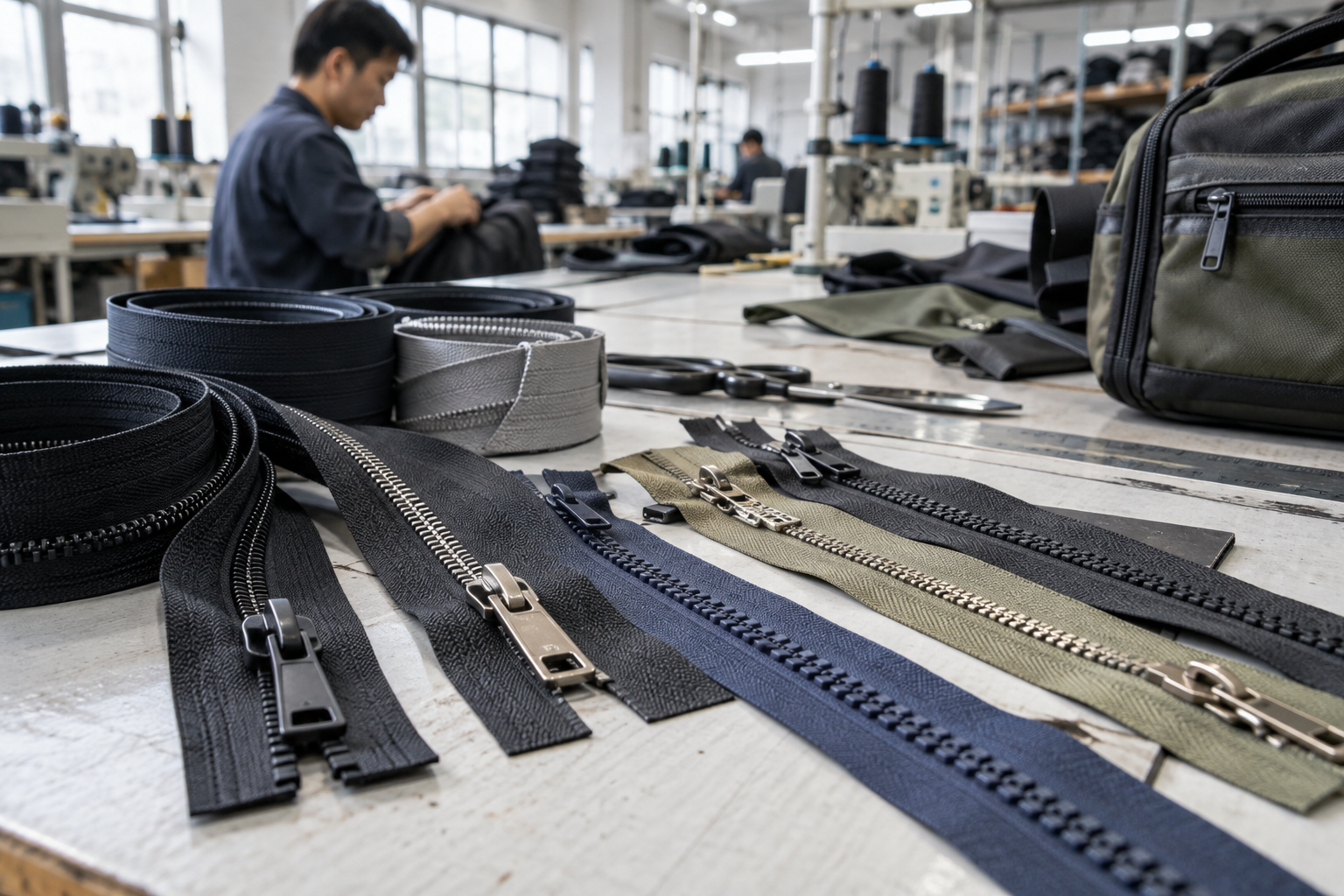 Coil, molded and metal zipper samples on a bag workshop table