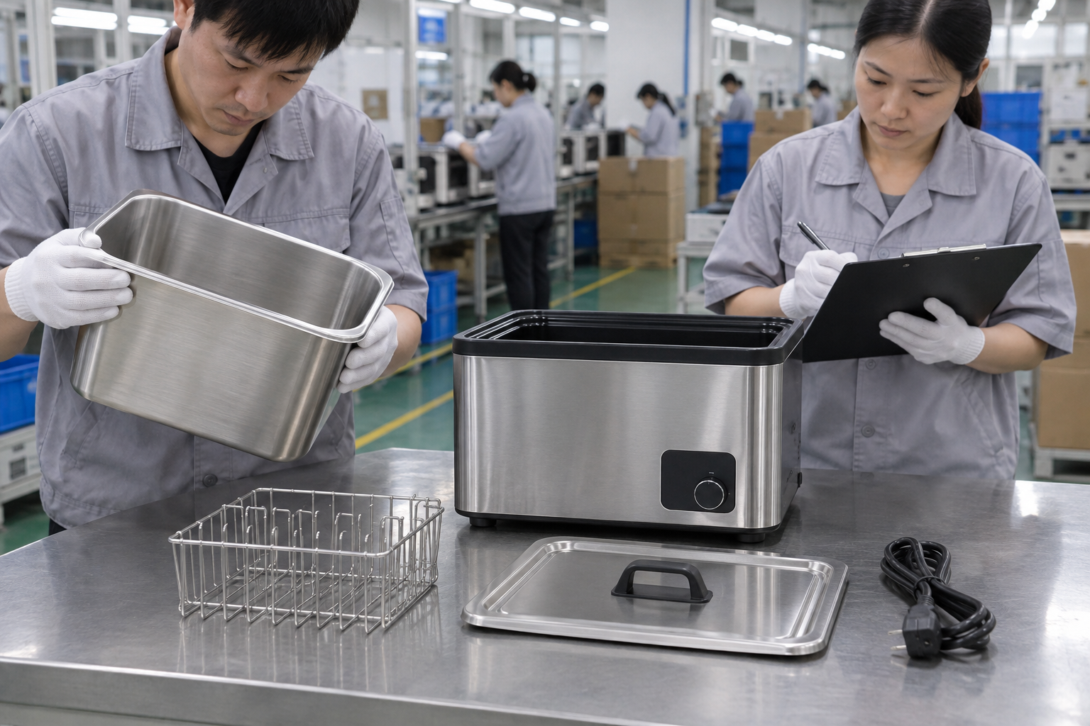 Countertop Sous-Vide Box samples reviewed by Asian quality staff at a factory inspection bench