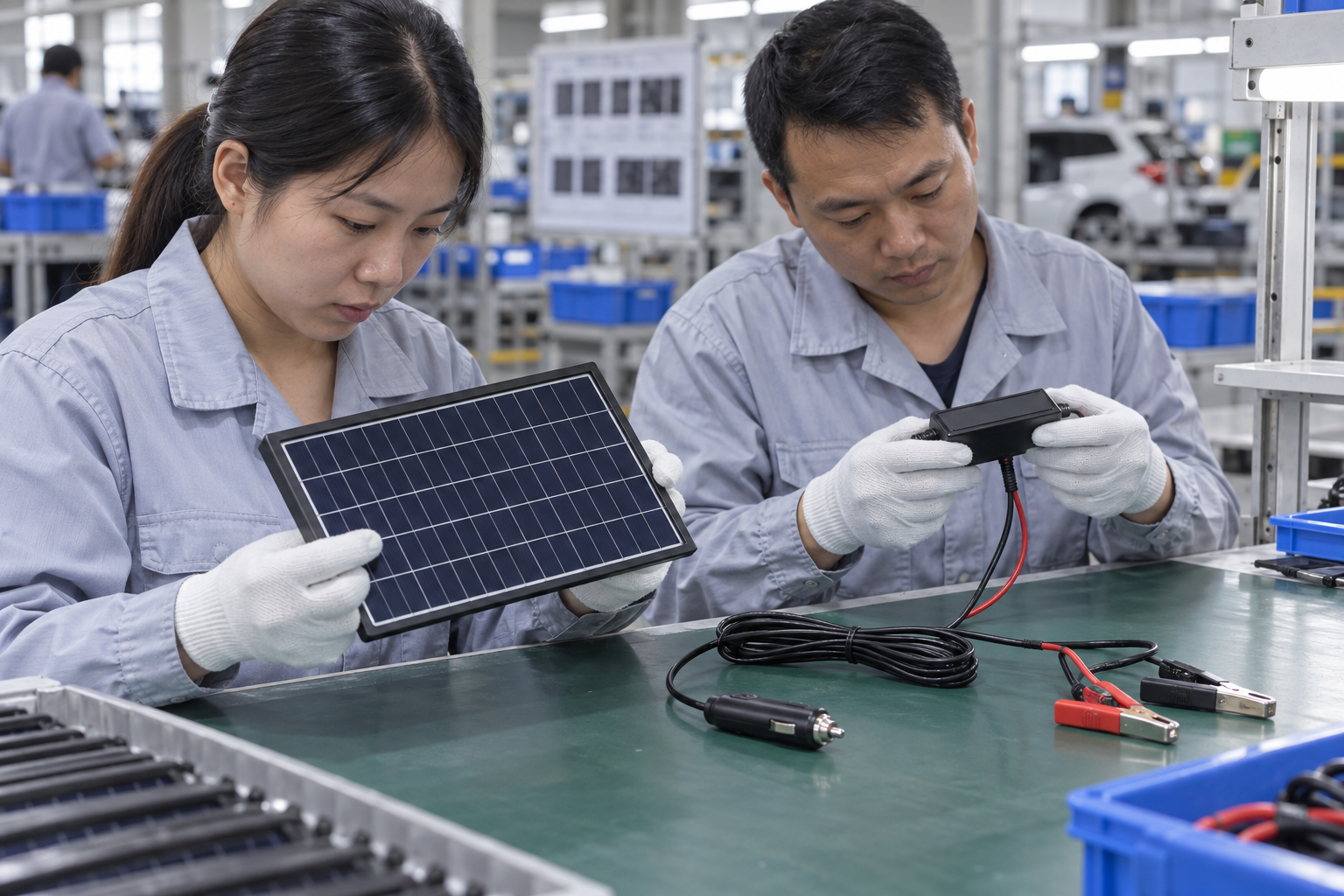 Dashboard Solar Battery Maintainer samples reviewed by Asian quality staff at a factory inspection bench