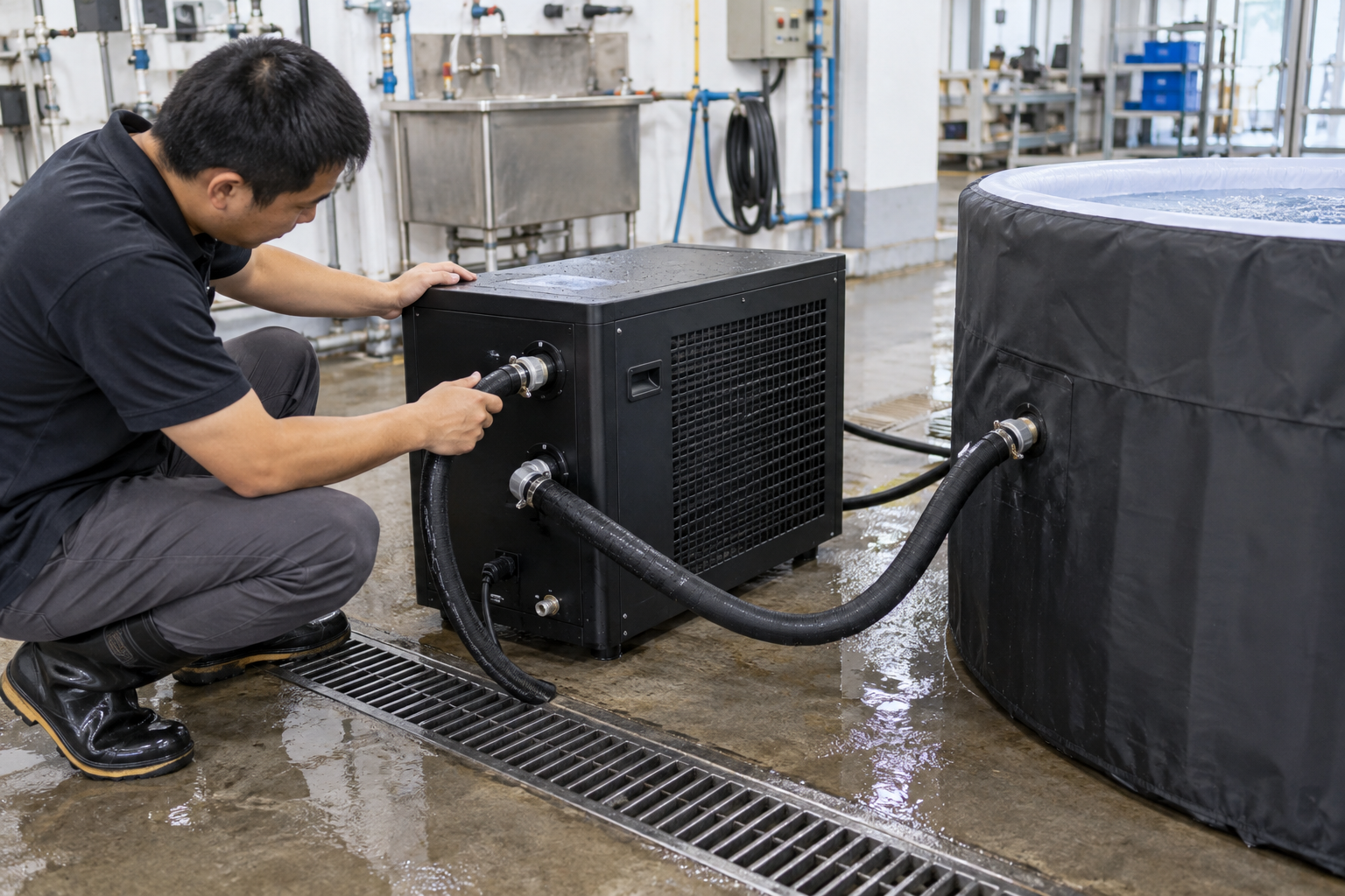 Portable Ice Bath Chiller application and factory testing preparation by Asian technical staff