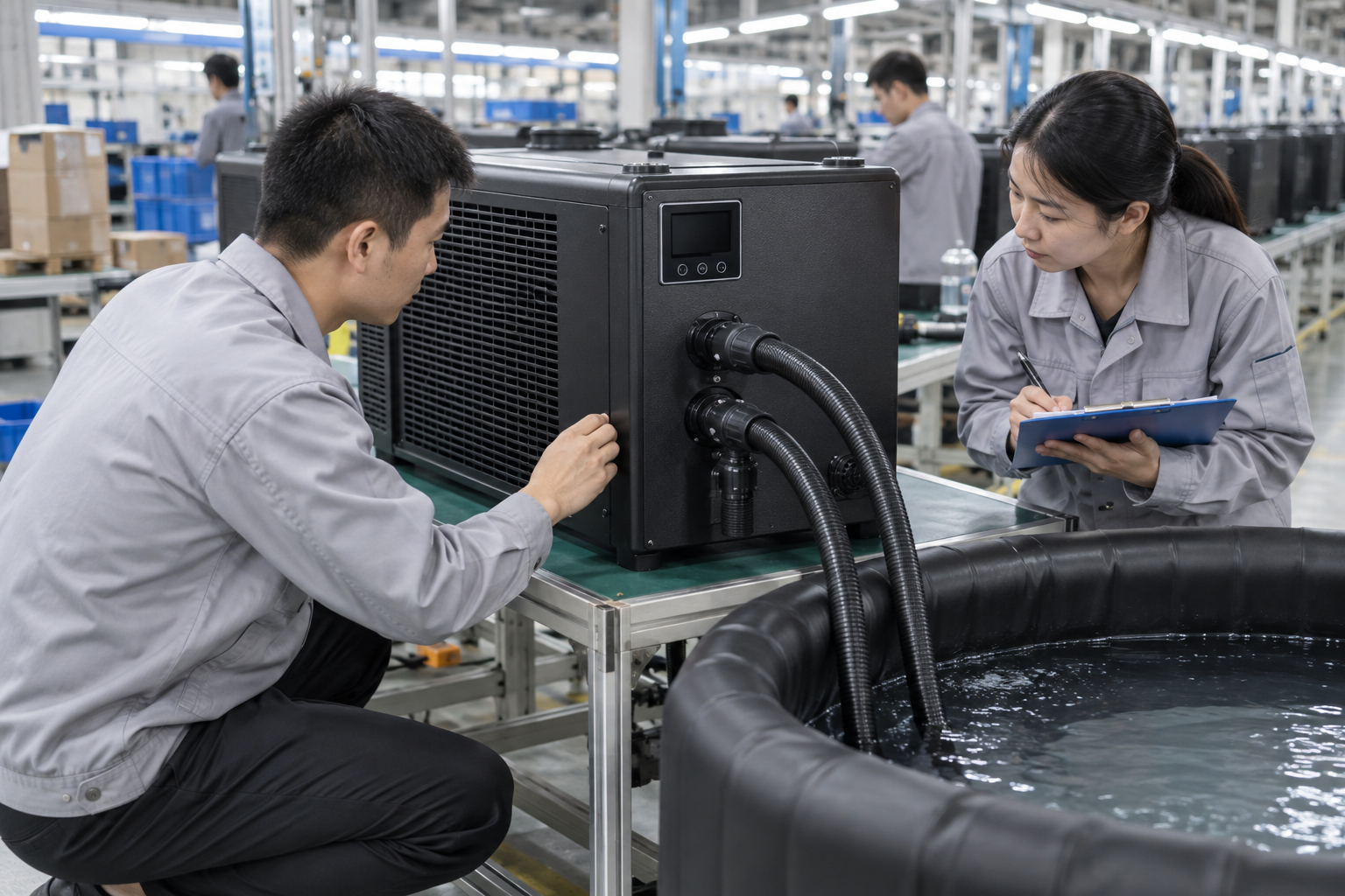 Portable Ice Bath Chiller samples reviewed by Asian quality staff at a factory inspection bench