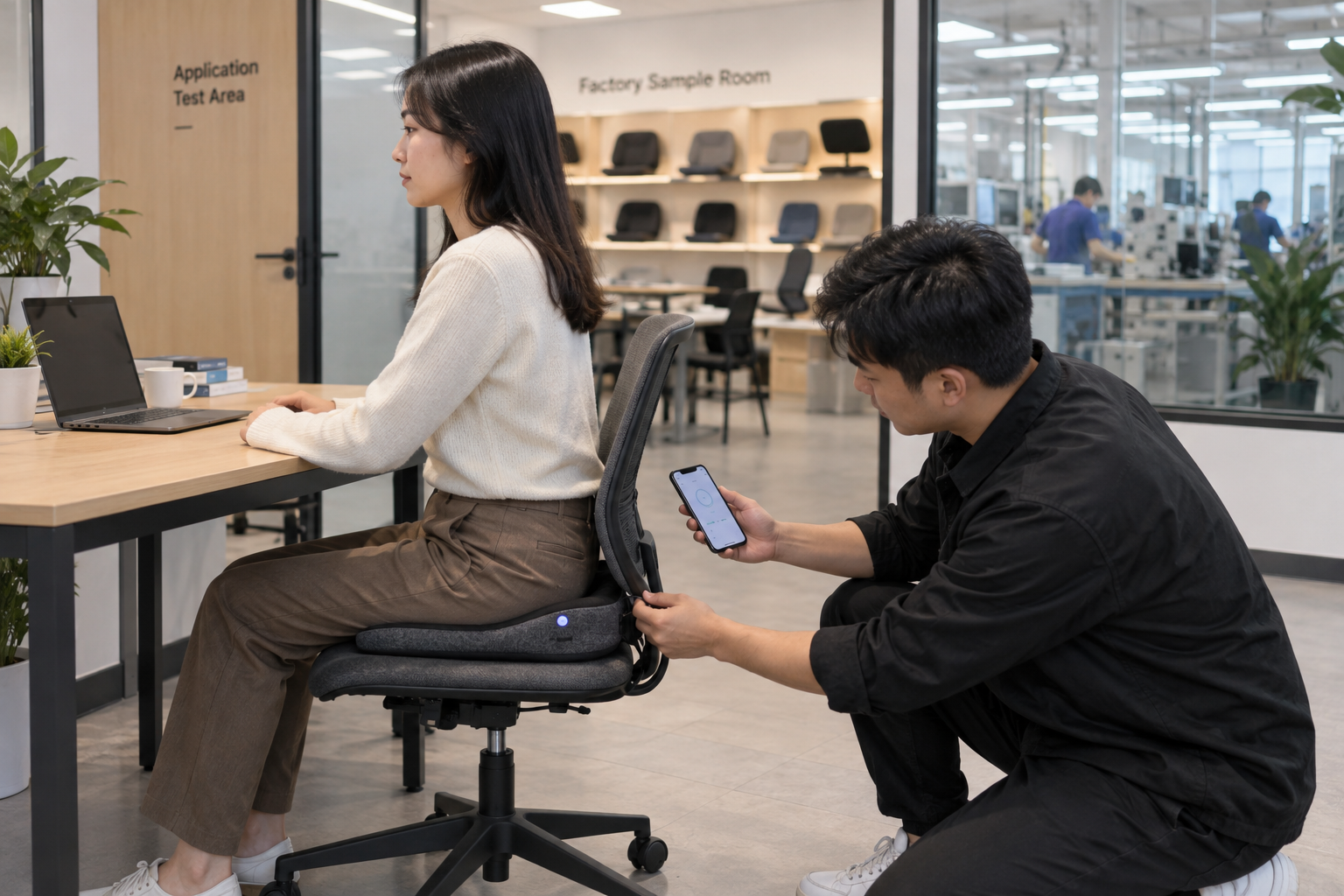 Smart Posture Cushion application and factory testing preparation by Asian technical staff