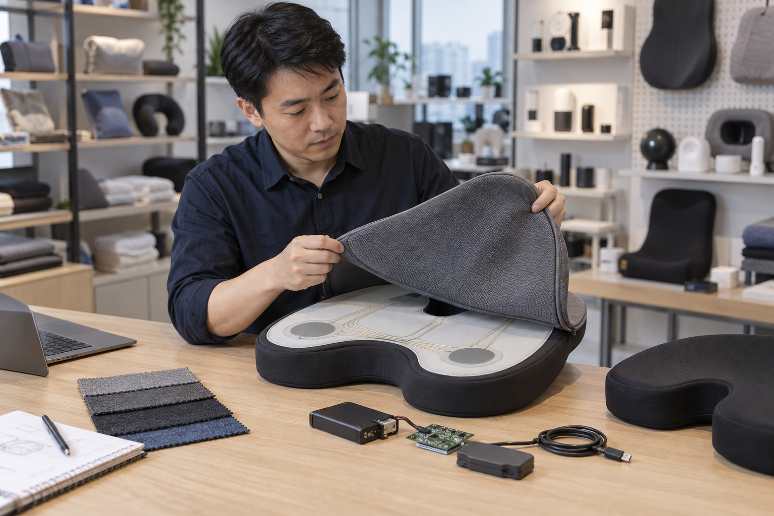 Smart Posture Cushion samples reviewed by Asian quality staff at a factory inspection bench