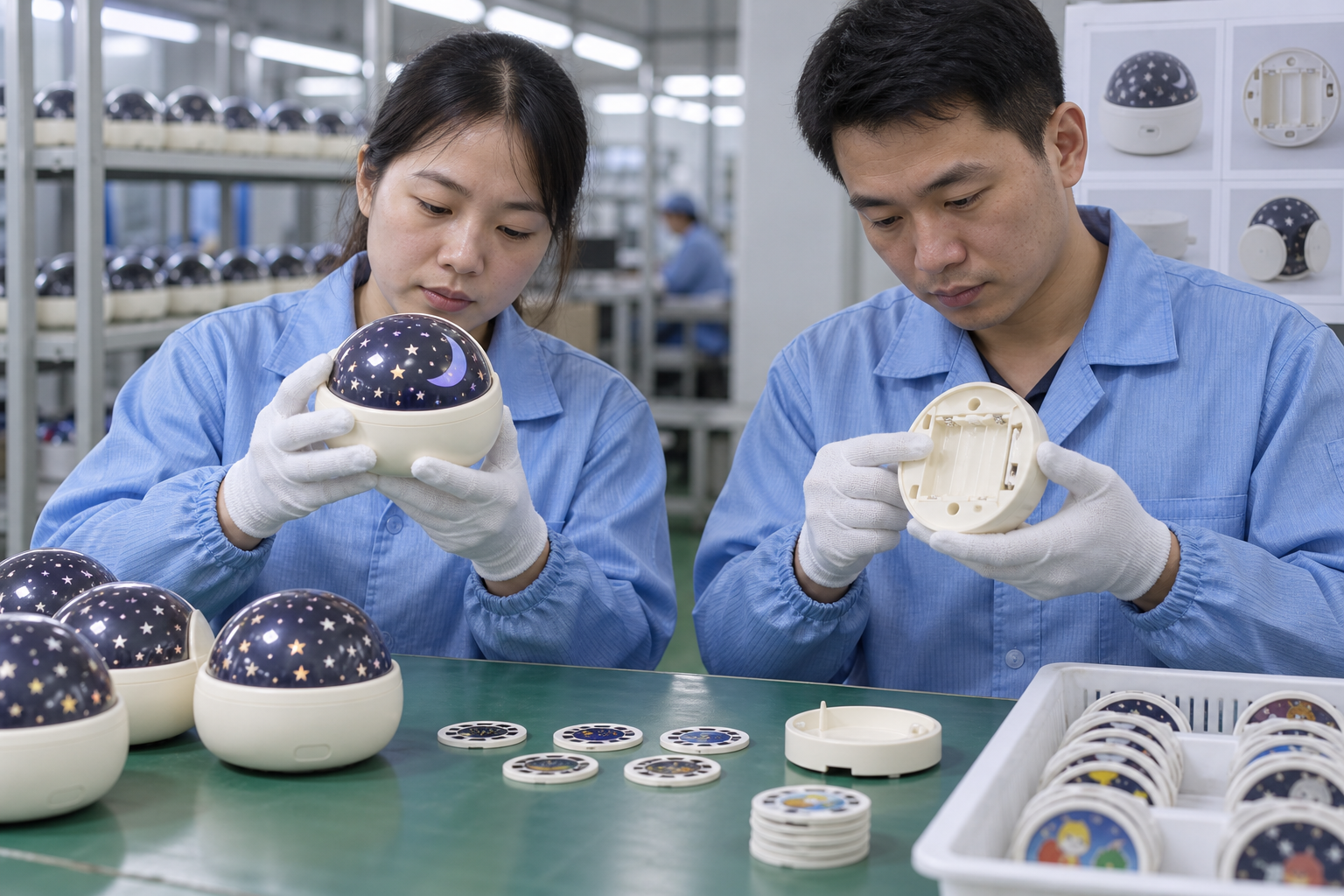 Story Projector Nightlight samples reviewed by Asian quality staff at a factory inspection bench