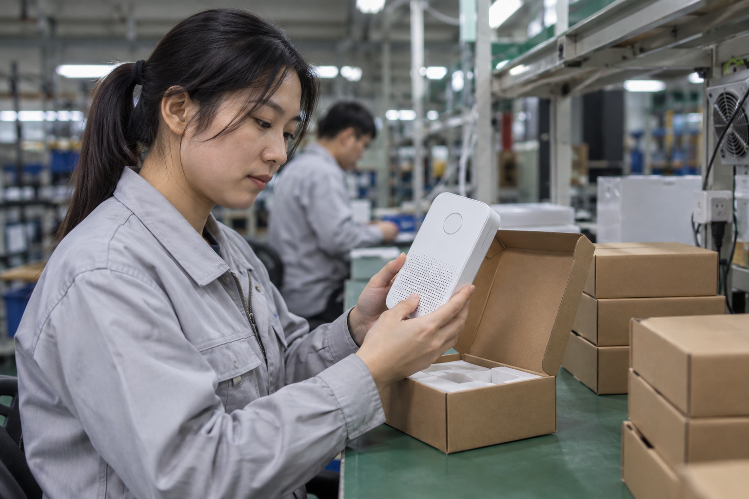 Asian technician checking an indoor air quality monitor package