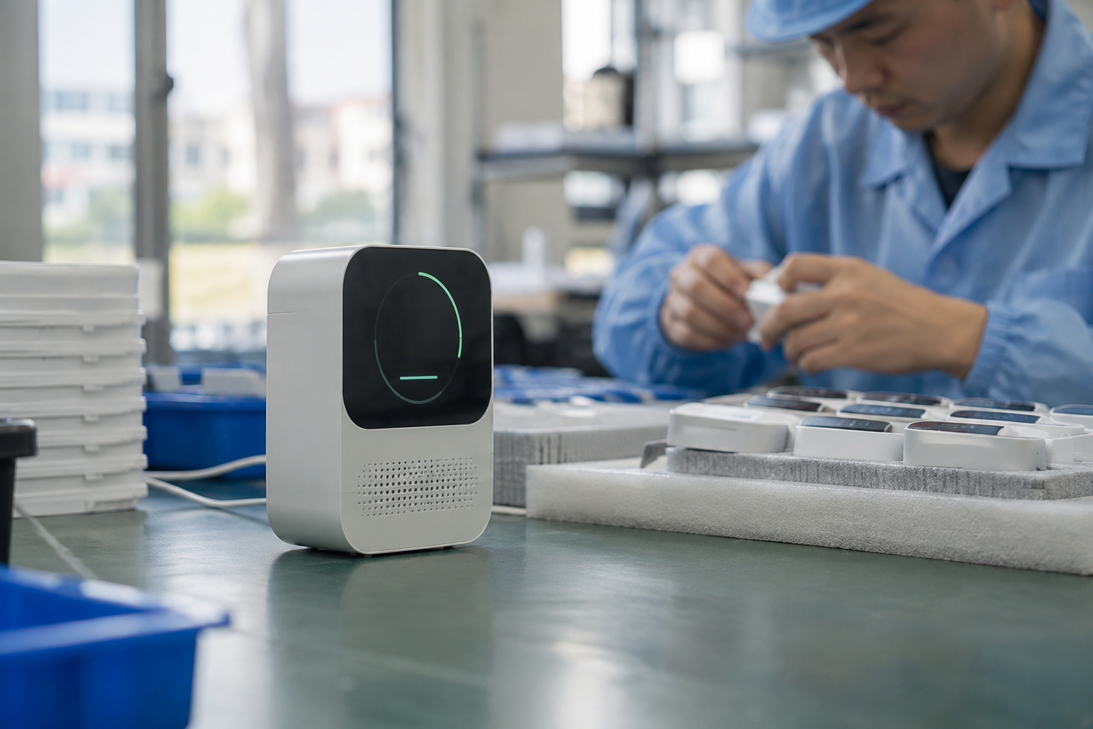 Indoor air quality monitor sample reviewed on a factory bench