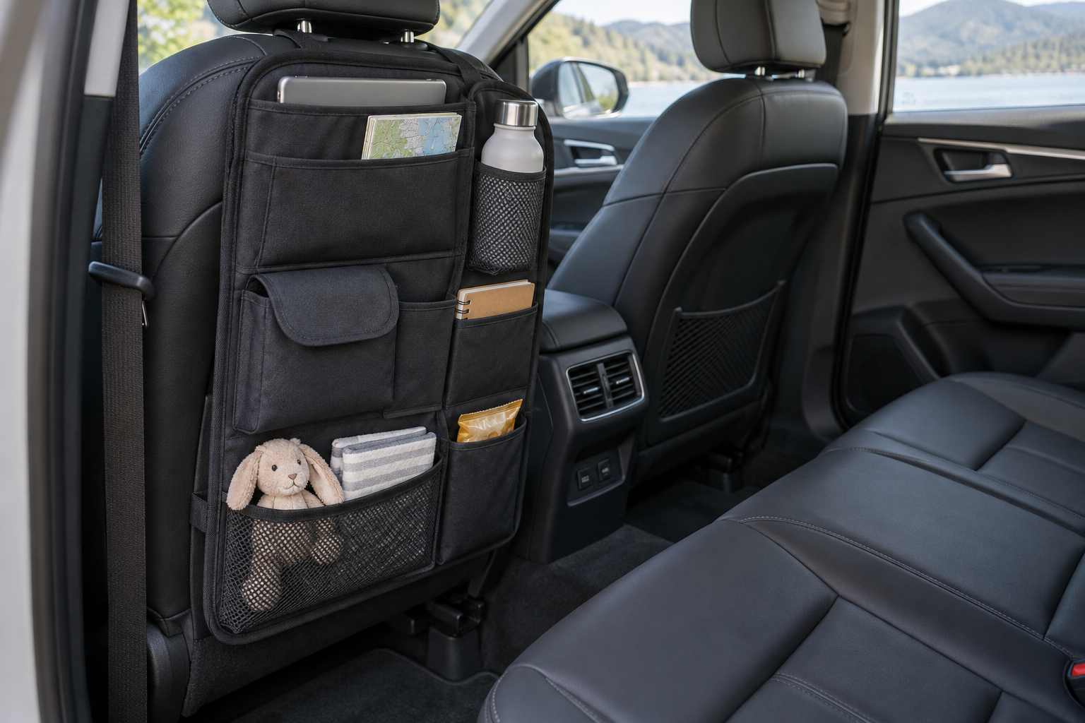 Car backseat organizer fitted to a vehicle seat with seatbelt access