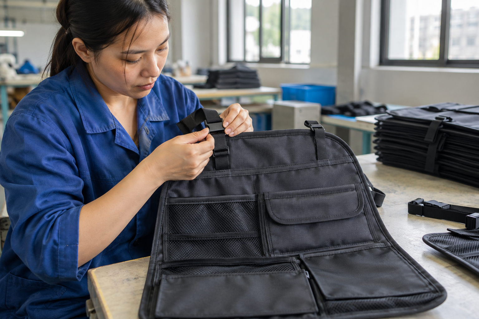 Asian textile technician inspecting car backseat organizer stitching