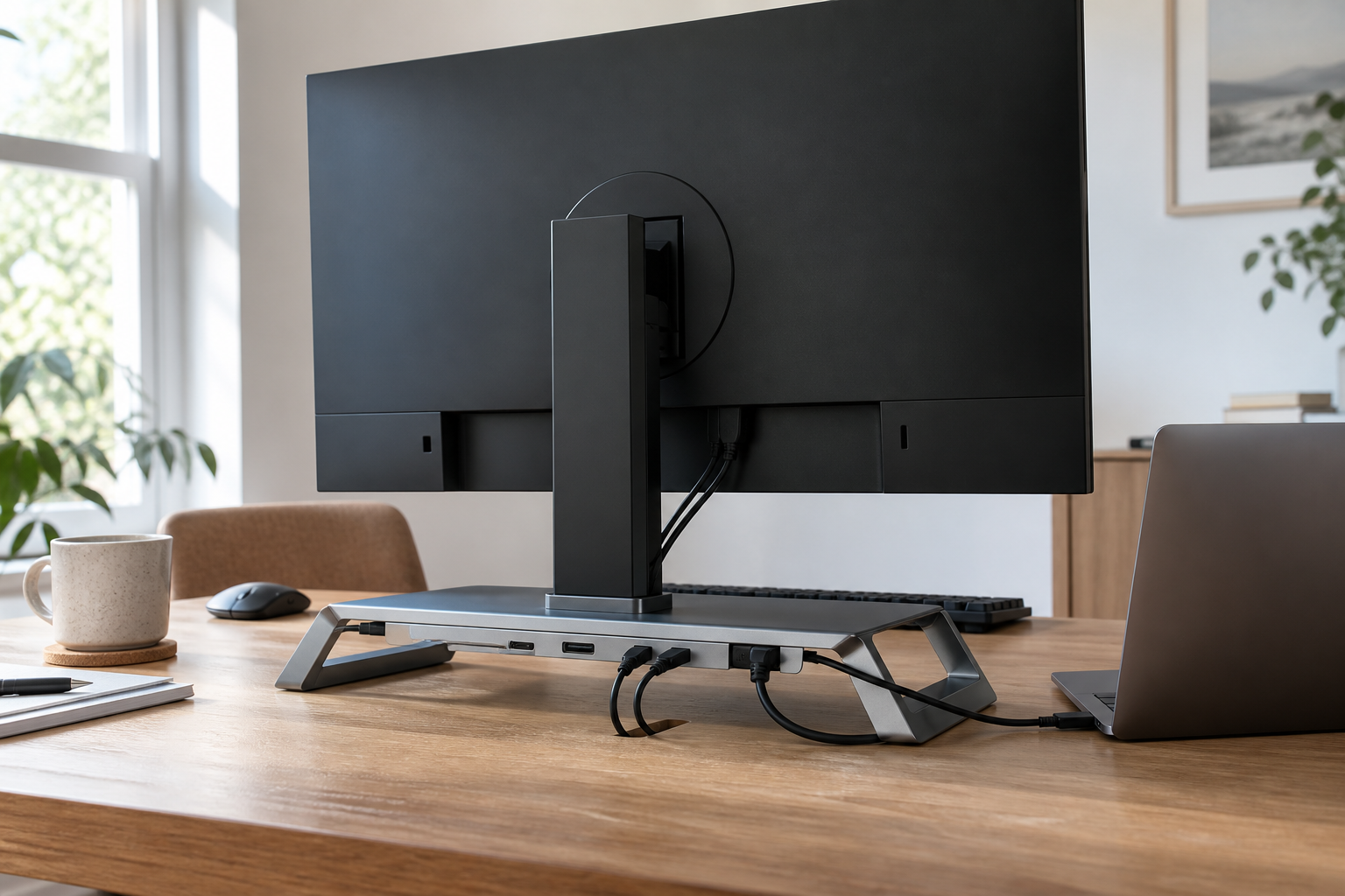Folding monitor stand hub in a realistic office desk setup