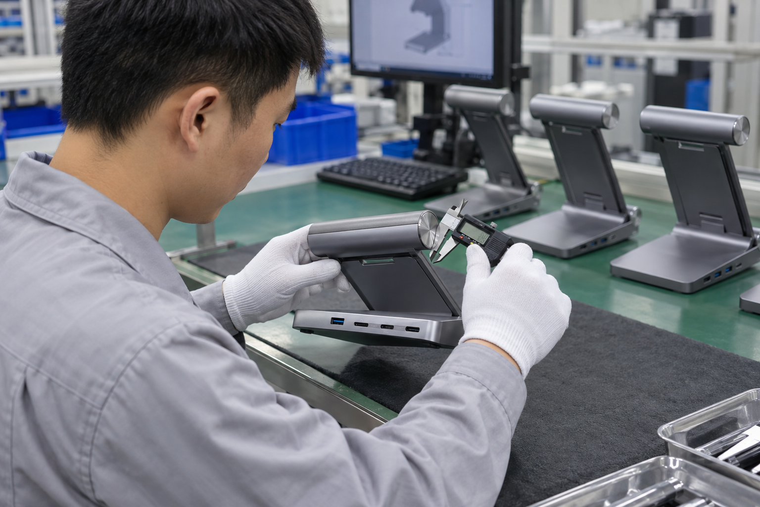 Asian technician checking hinge and ports on a folding monitor stand hub