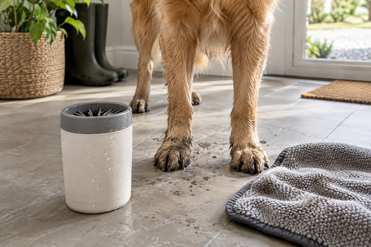 Pet paw washer placed beside a dog after a walk