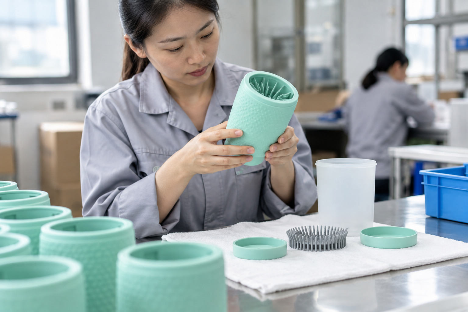Asian quality staff inspecting a removable pet paw washer liner