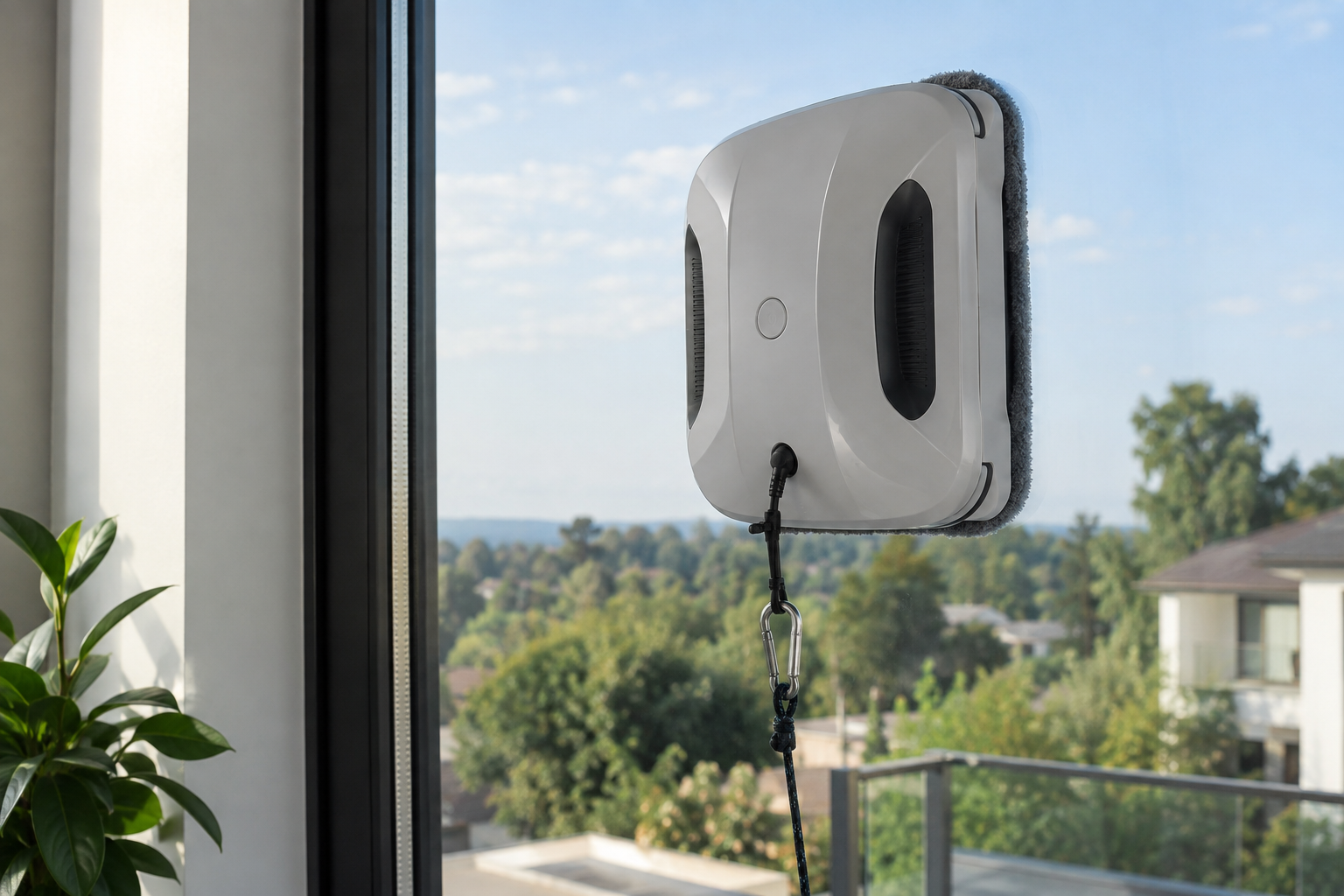 Window robot on glass with a visible safety tether