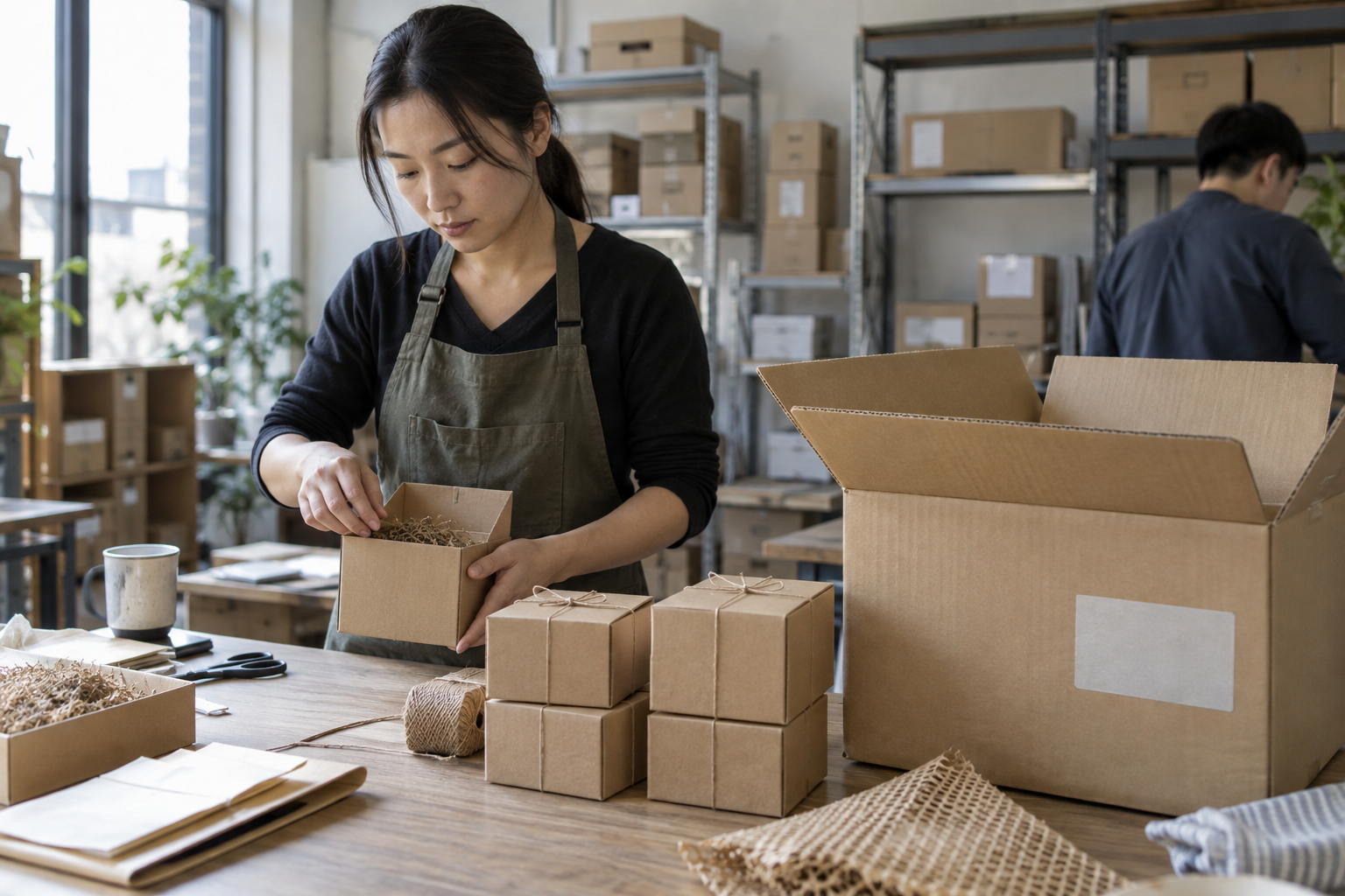 Asian worker arranging presentation boxes beside a bulk shipping carton