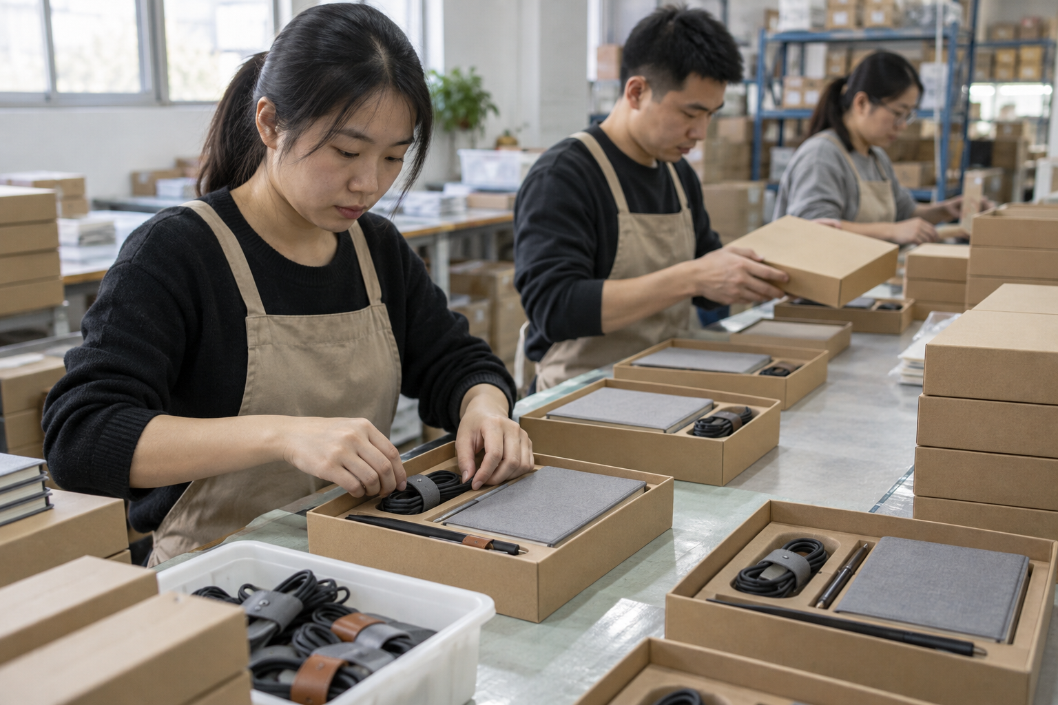 Asian fulfillment staff assembling desk accessory gift boxes