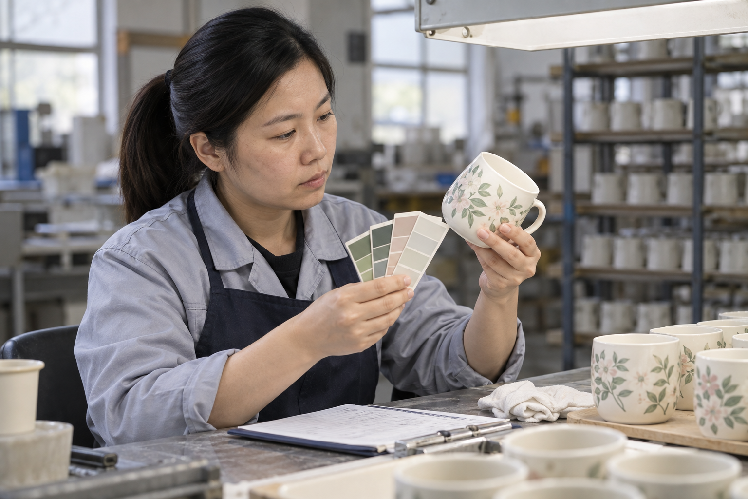 Asian technician comparing decorated ceramic samples with color swatches