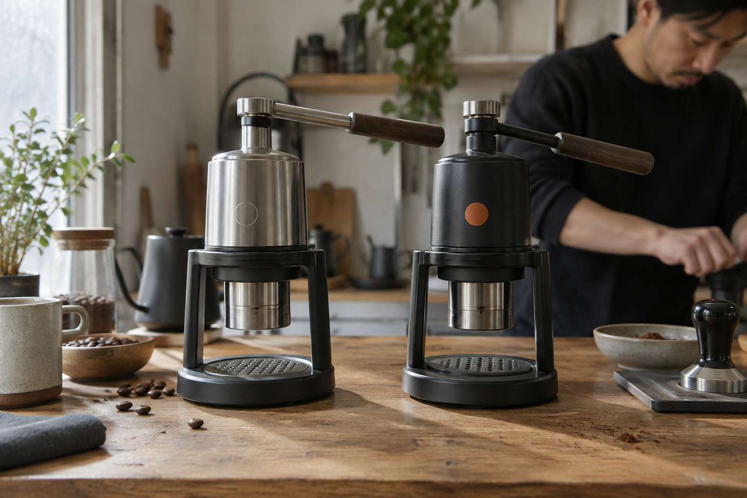Two illustrative espresso presses with etched and printed circular marks